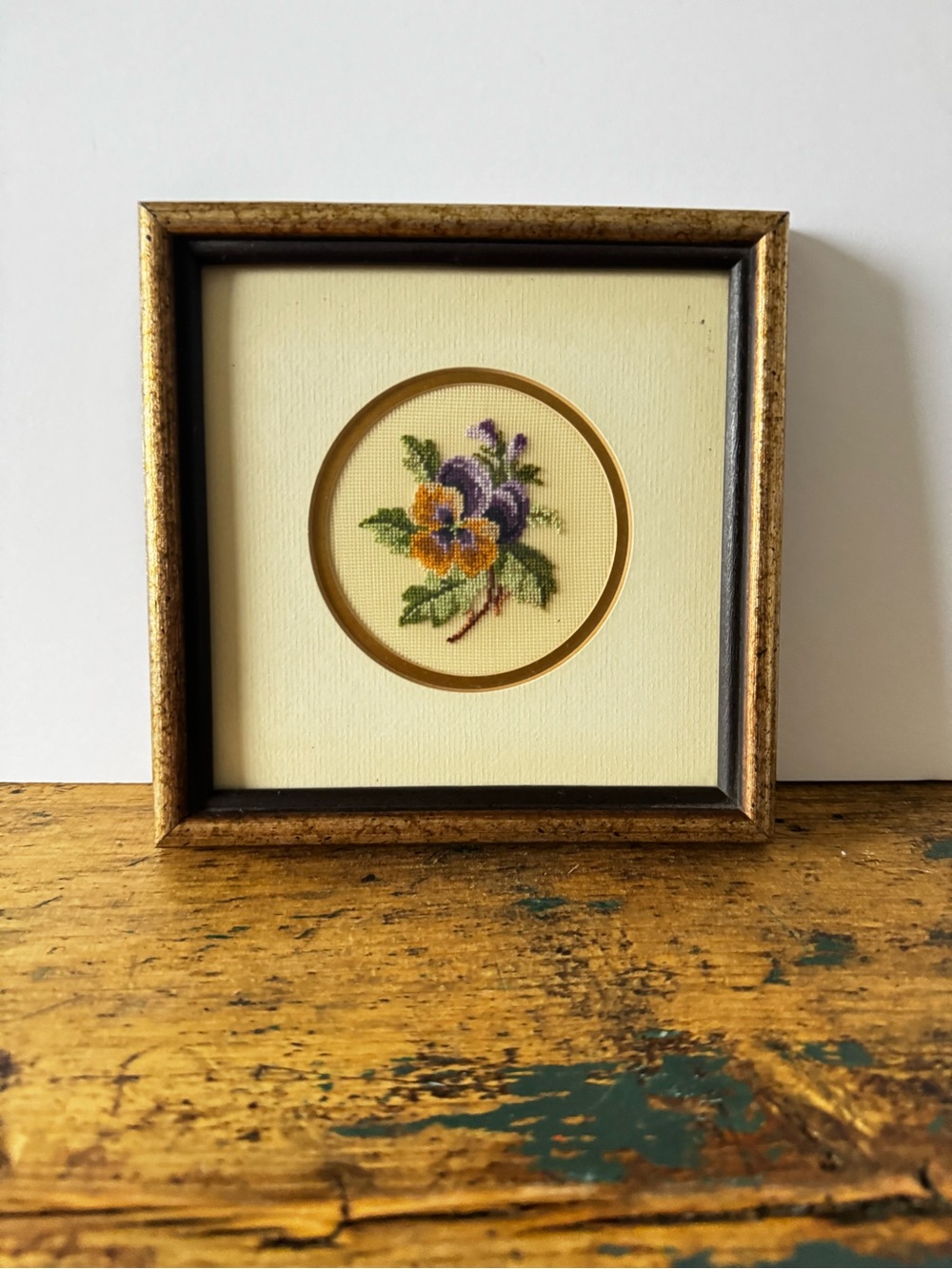Handcrafted Pansy Needlepoint Wall Art - Purple & Yellow